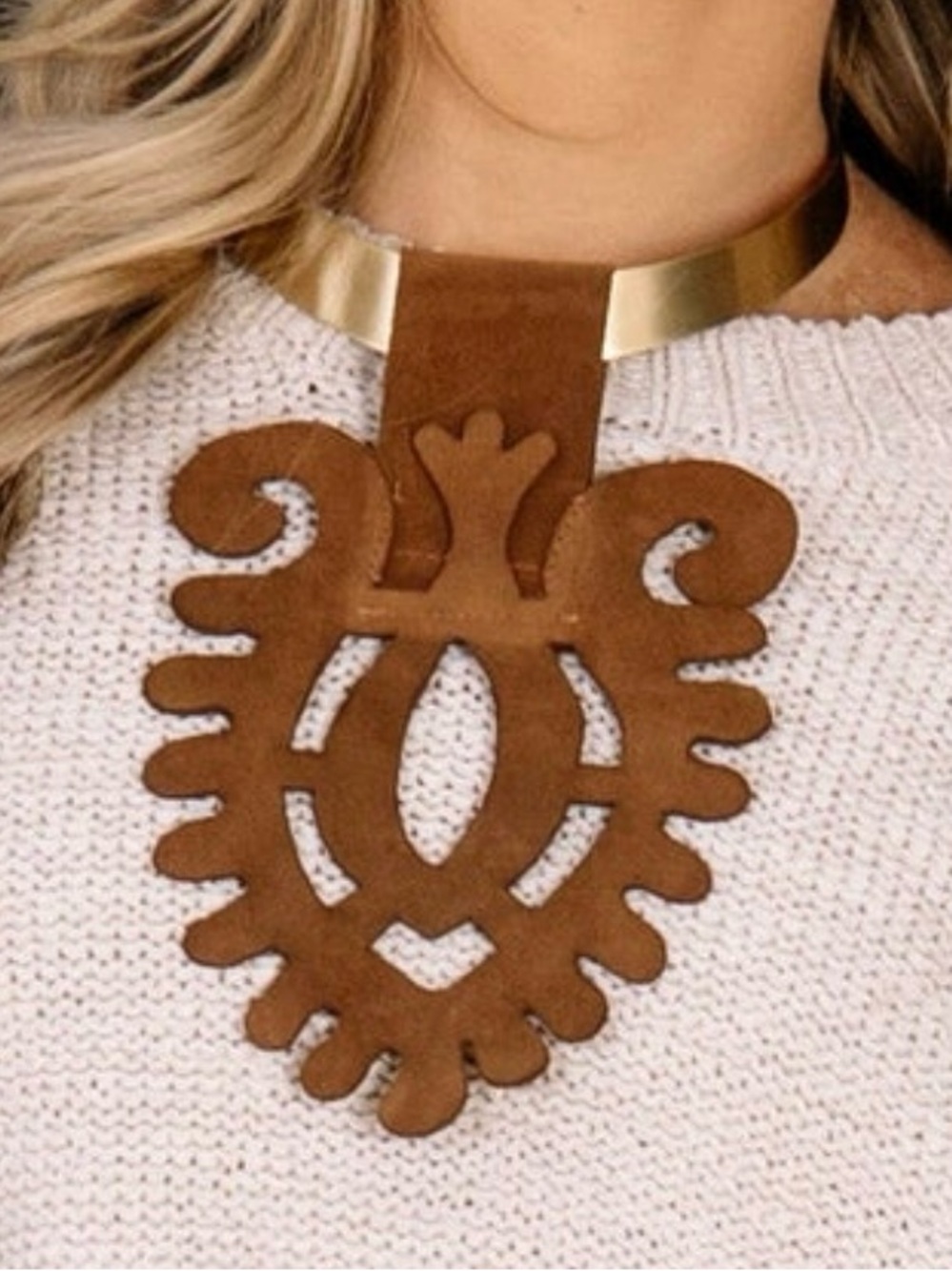 Brown Suede Cutout Pendant Necklace with Gold Collar - Women's Jewelry